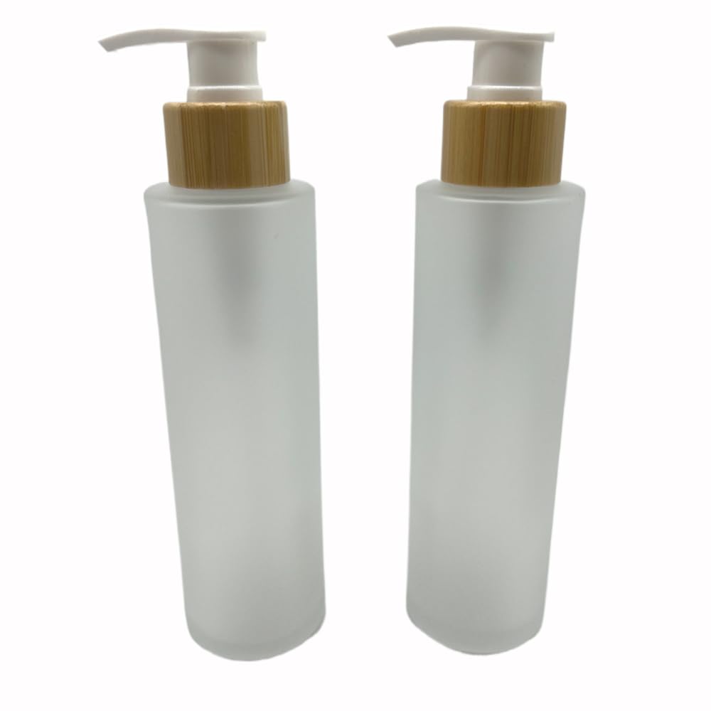 2PCS 500ML/16.6 oz Empty Refillable Frosted Glass Pump Bottles Container Holder Vials Pot Storage with Bamboo Screw Pump Head for Bath Shower Shampoo Hair-Conditioner Cleanser Makeup Liquids