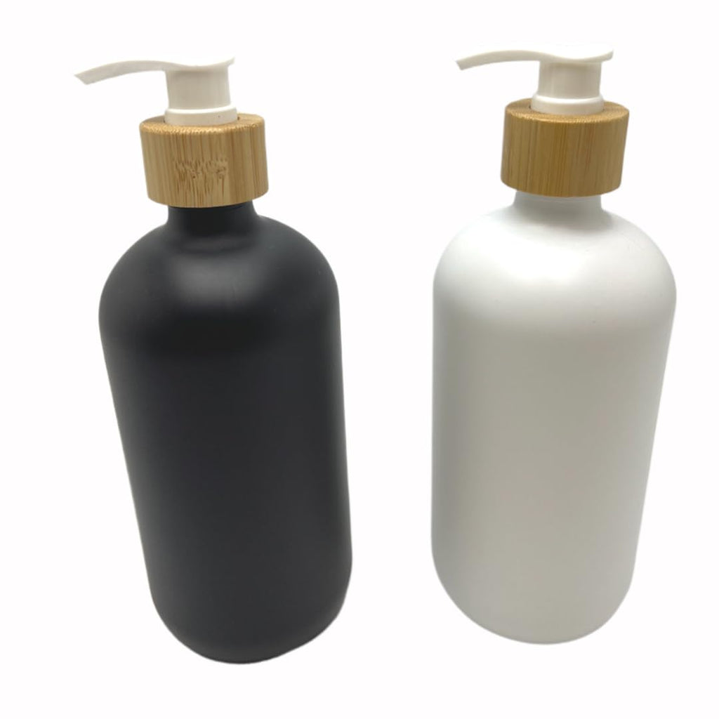 2PCS 500ML/16.6 oz Empty Refillable Frosted Glass Pump Bottles Container Holder Vials Pot Storage with Bamboo Screw Pump Head for Bath Shower Shampoo Hair-Conditioner Cleanser Makeup Liquids