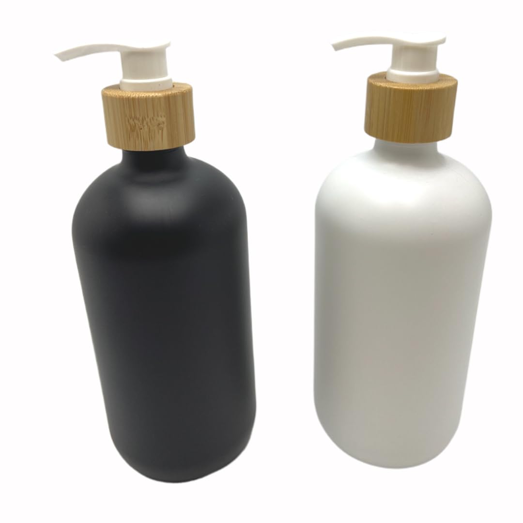2PCS 500ML/16.6 oz Empty Refillable Frosted Glass Pump Bottles Container Holder Vials Pot Storage with Bamboo Screw Pump Head for Bath Shower Shampoo Hair-Conditioner Cleanser Makeup Liquids