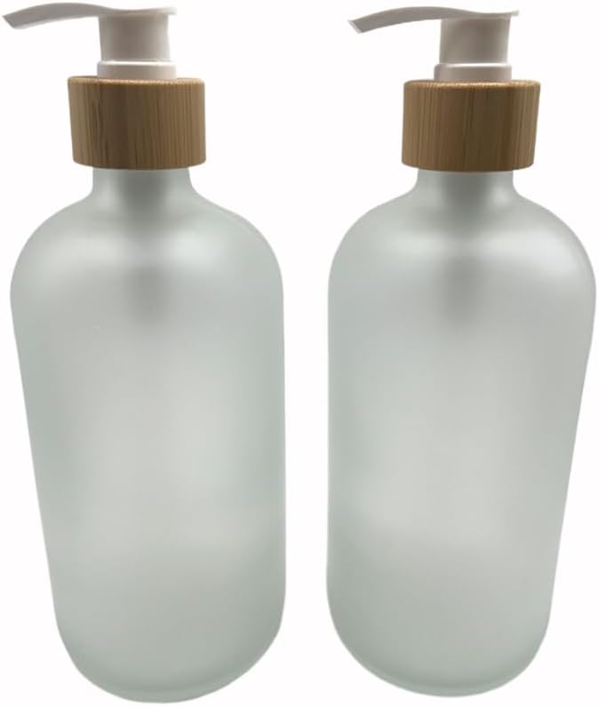 2PCS 500ML/16.6 oz Empty Refillable Frosted Glass Pump Bottles Container Holder Vials Pot Storage with Bamboo Screw Pump Head for Bath Shower Shampoo Hair-Conditioner Cleanser Makeup Liquids