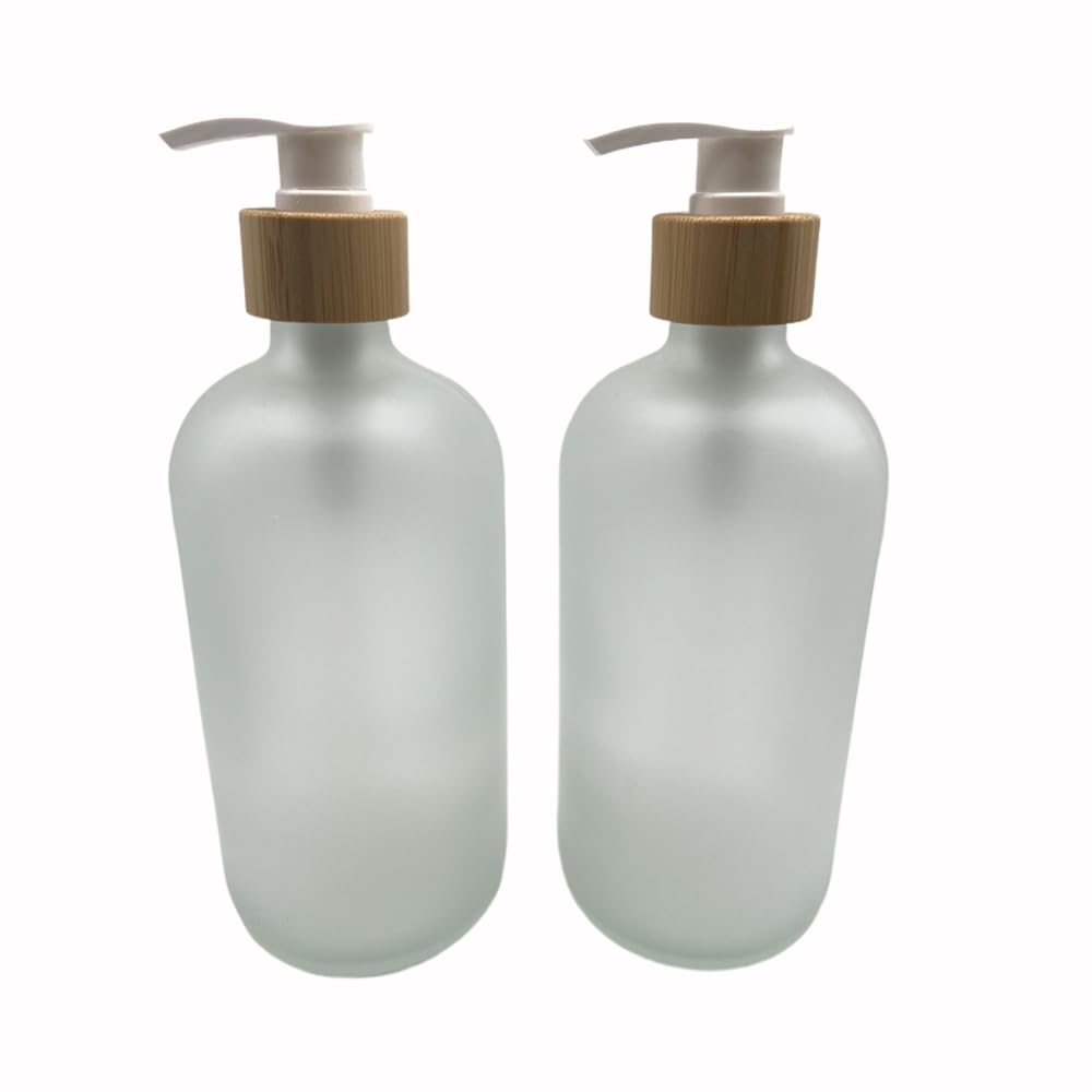 2PCS 500ML/16.6 oz Empty Refillable Frosted Glass Pump Bottles Container Holder Vials Pot Storage with Bamboo Screw Pump Head for Bath Shower Shampoo Hair-Conditioner Cleanser Makeup Liquids