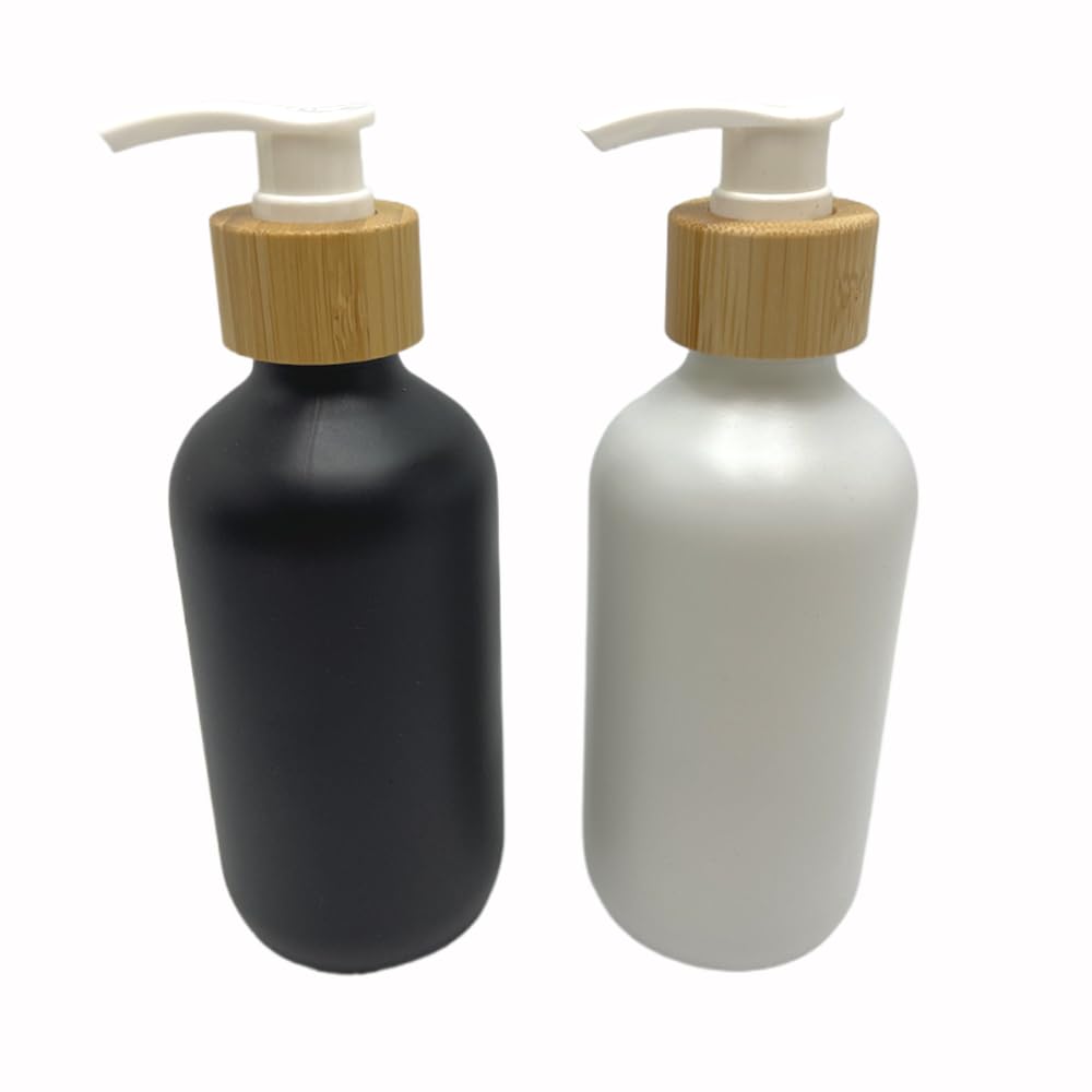 2PCS 500ML/16.6 oz Empty Refillable Frosted Glass Pump Bottles Container Holder Vials Pot Storage with Bamboo Screw Pump Head for Bath Shower Shampoo Hair-Conditioner Cleanser Makeup Liquids