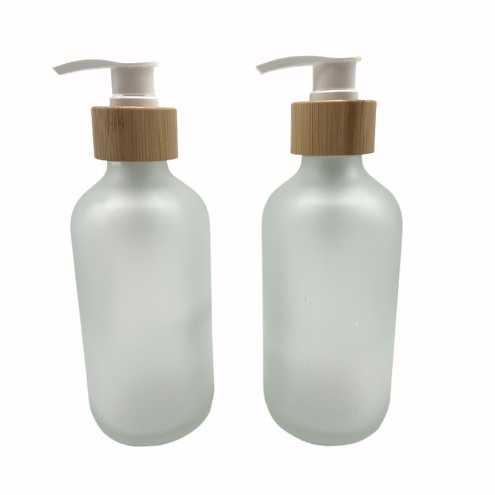 2PCS 500ML/16.6 oz Empty Refillable Frosted Glass Pump Bottles Container Holder Vials Pot Storage with Bamboo Screw Pump Head for Bath Shower Shampoo Hair-Conditioner Cleanser Makeup Liquids