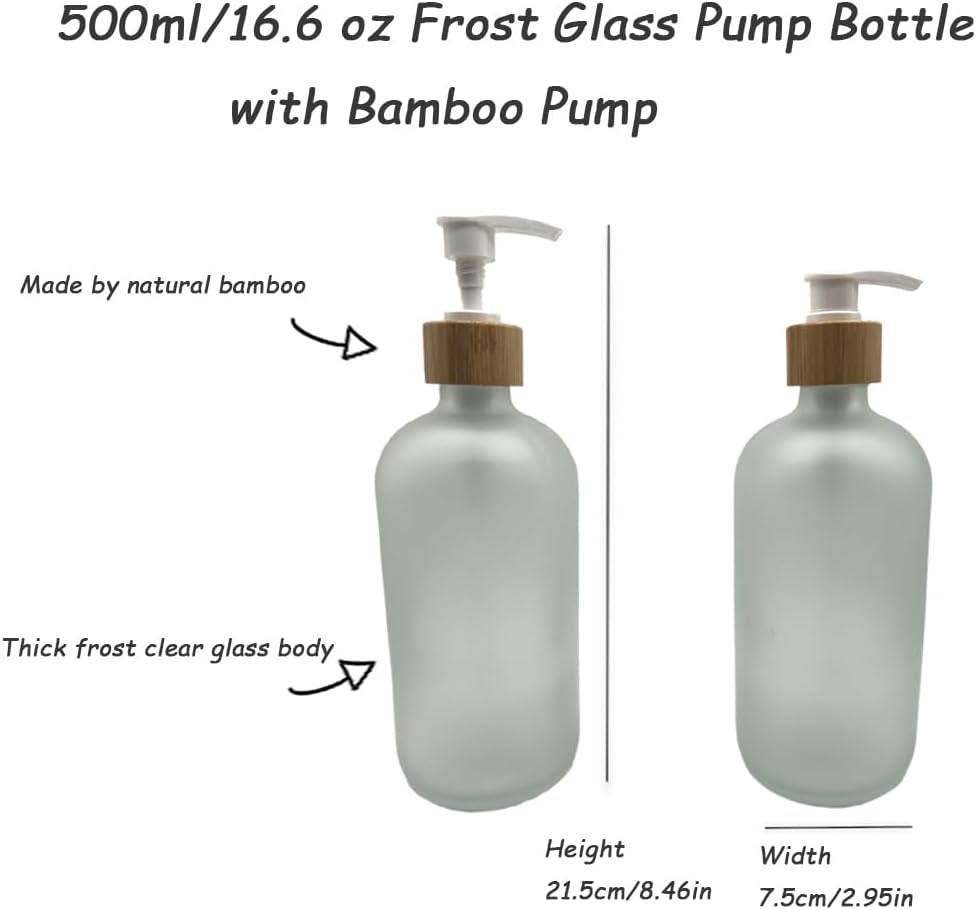 2PCS 500ML/16.6 oz Empty Refillable Frosted Glass Pump Bottles Container Holder Vials Pot Storage with Bamboo Screw Pump Head for Bath Shower Shampoo Hair-Conditioner Cleanser Makeup Liquids