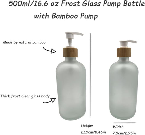 2PCS 500ML/16.6 oz Empty Refillable Frosted Glass Pump Bottles Container Holder Vials Pot Storage with Bamboo Screw Pump Head for Bath Shower Shampoo Hair-Conditioner Cleanser Makeup Liquids