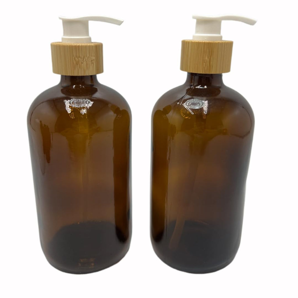 2PCS 500ML/16.6 oz Empty Refillable Frosted Glass Pump Bottles Container Holder Vials Pot Storage with Bamboo Screw Pump Head for Bath Shower Shampoo Hair-Conditioner Cleanser Makeup Liquids