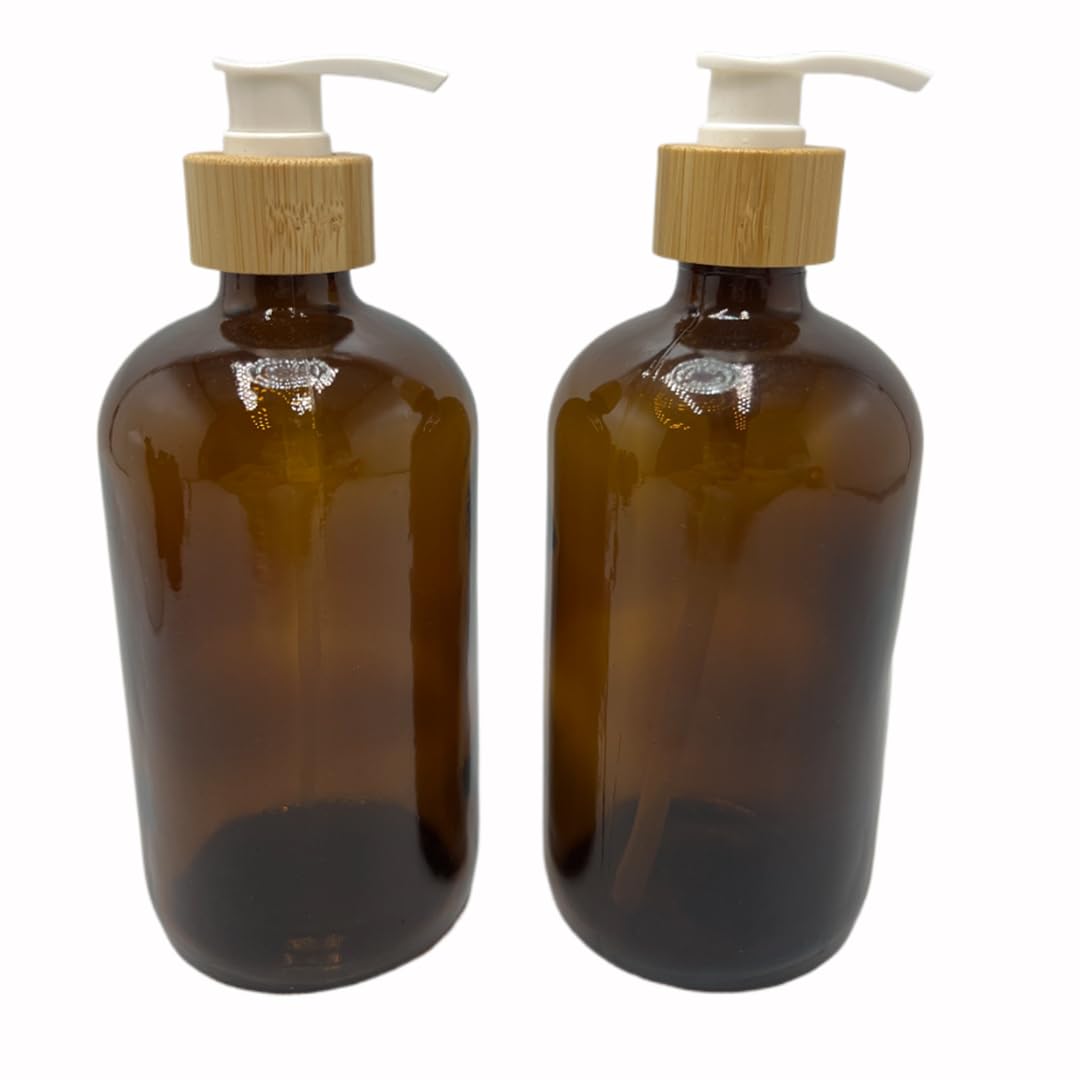 2PCS 500ML/16.6 oz Empty Refillable Frosted Glass Pump Bottles Container Holder Vials Pot Storage with Bamboo Screw Pump Head for Bath Shower Shampoo Hair-Conditioner Cleanser Makeup Liquids