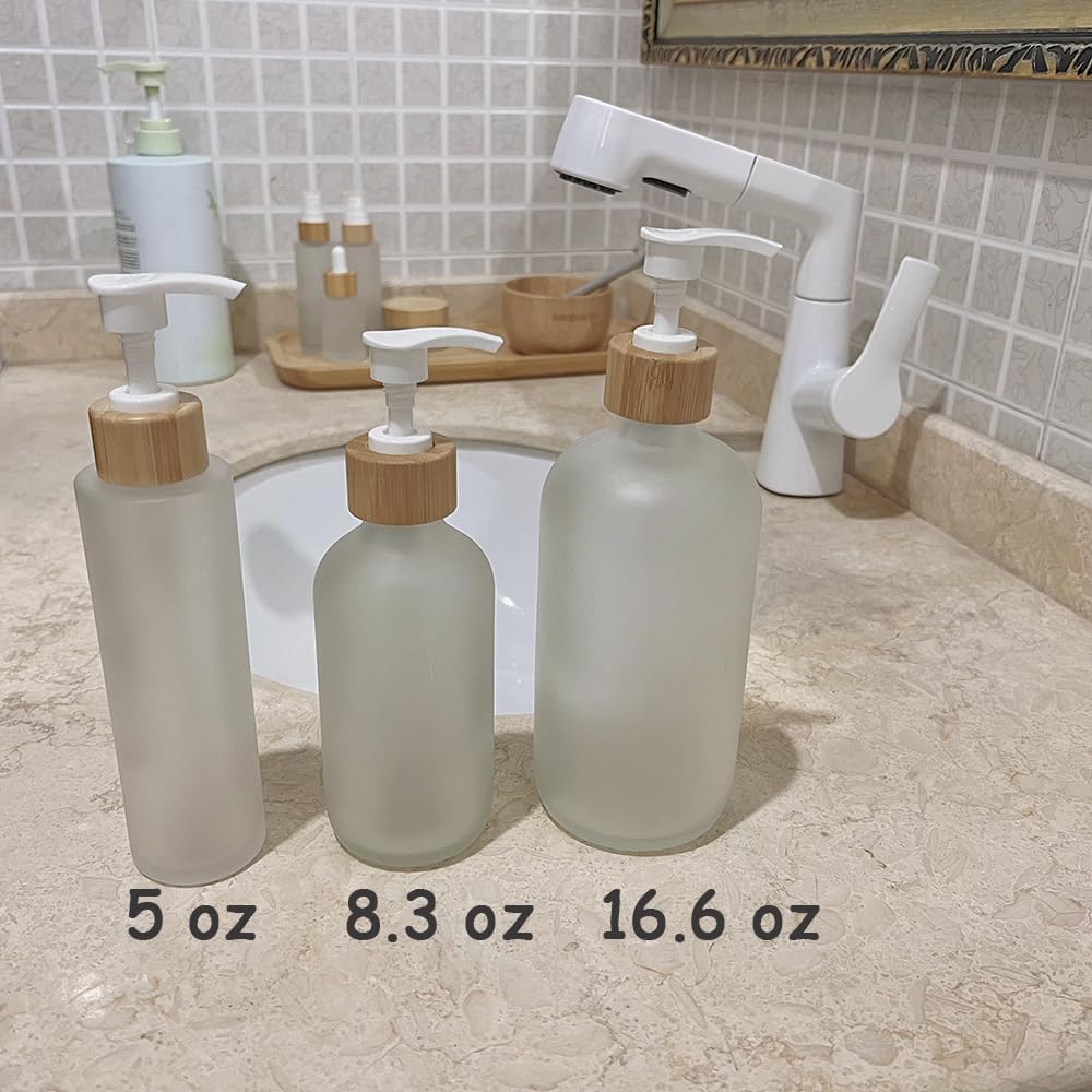 2PCS 500ML/16.6 oz Empty Refillable Frosted Glass Pump Bottles Container Holder Vials Pot Storage with Bamboo Screw Pump Head for Bath Shower Shampoo Hair-Conditioner Cleanser Makeup Liquids