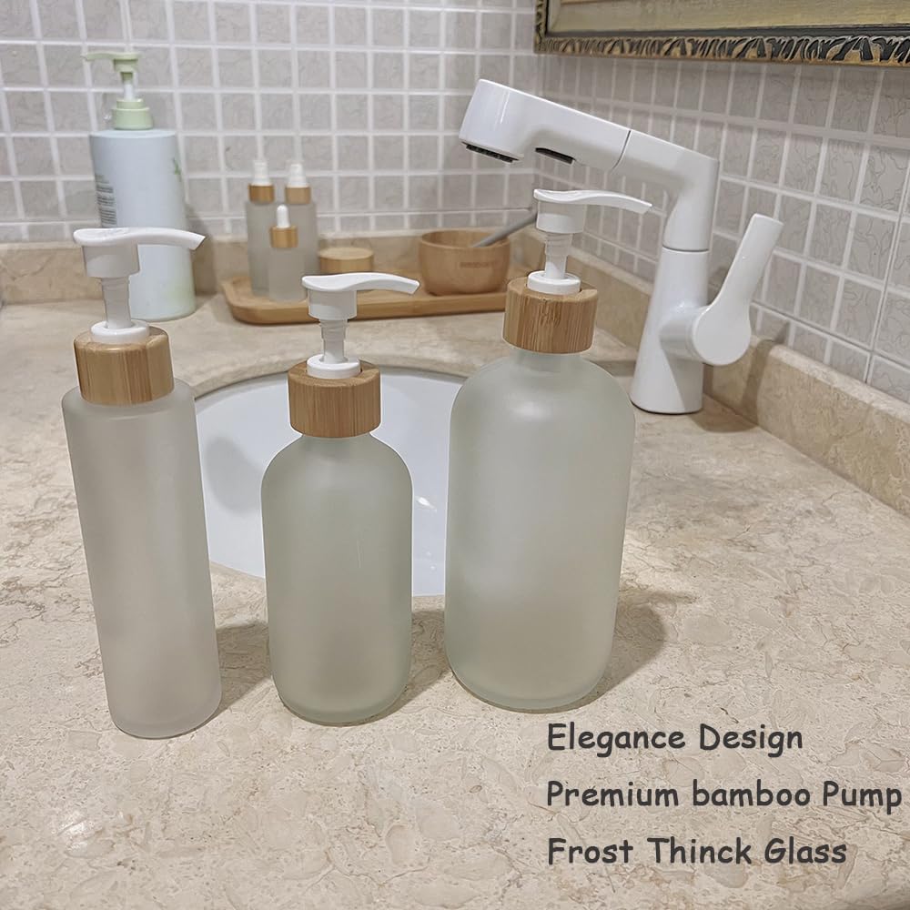 2PCS 500ML/16.6 oz Empty Refillable Frosted Glass Pump Bottles Container Holder Vials Pot Storage with Bamboo Screw Pump Head for Bath Shower Shampoo Hair-Conditioner Cleanser Makeup Liquids