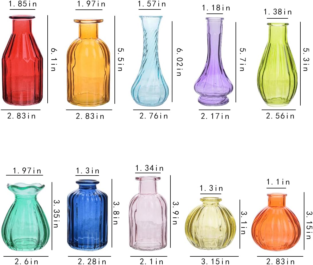 Eleganttime Bud Vases for Flowers,Glass Colored Bud Vase in Bulk Set of 10,Small Vintage Vase Bottle for Wedding Decorations,Garden and Home Decor,Centerpieces,Colorful Mexican Décor