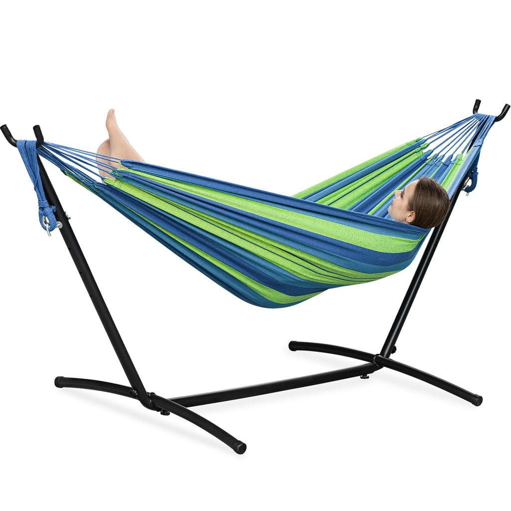 PNAEUT Double Hammocks with Stand for Outside, Portable Space Saving Heavy-Duty Steel Frame for Indoor Outdoor Patio Yard, Easy Assembly, 2 Person 450 lbs Capacity (Coffee)