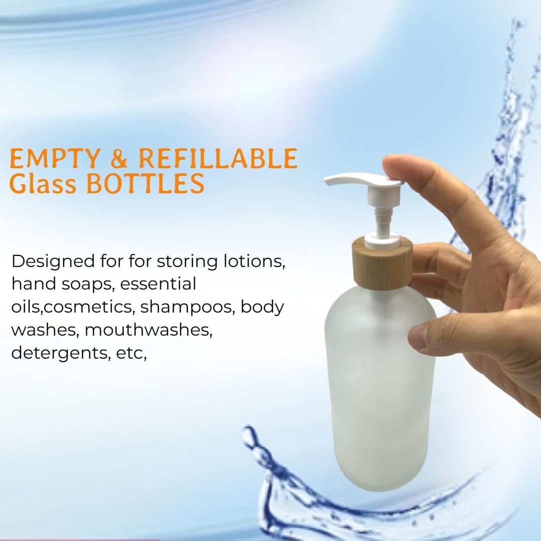 2PCS 500ML/16.6 oz Empty Refillable Frosted Glass Pump Bottles Container Holder Vials Pot Storage with Bamboo Screw Pump Head for Bath Shower Shampoo Hair-Conditioner Cleanser Makeup Liquids