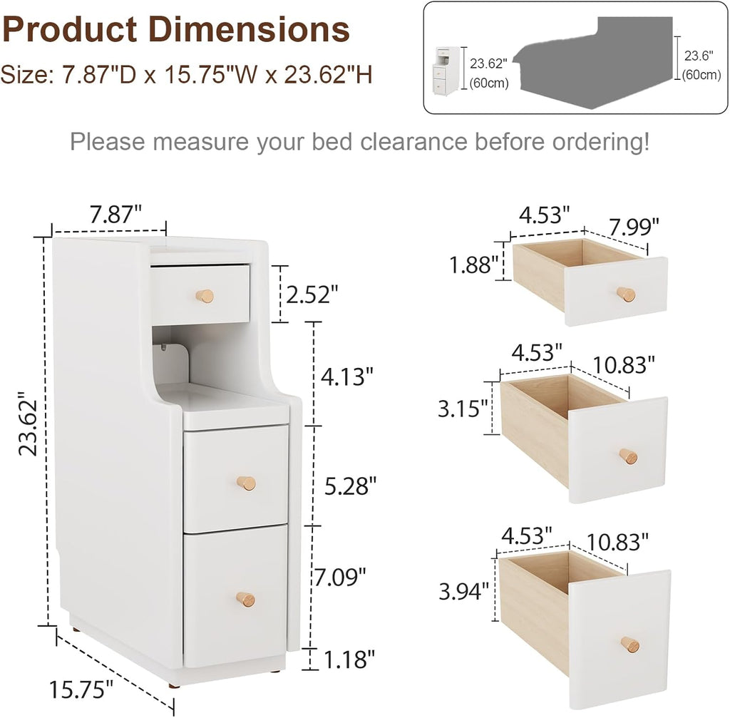 Narrow Nightstand with 3 Drawers,Solid Wood Narrow Bedside Table White, Modern Skinny Nightstand for Bedroom(Fully Assembly)