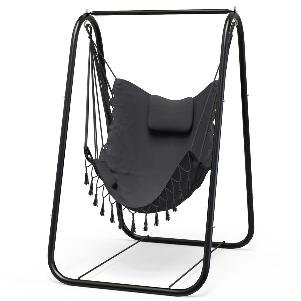 Grey Hammock Chair with Heavy-Duty Rustproof Stand, Indoor Outdoor Patio Swing Chair