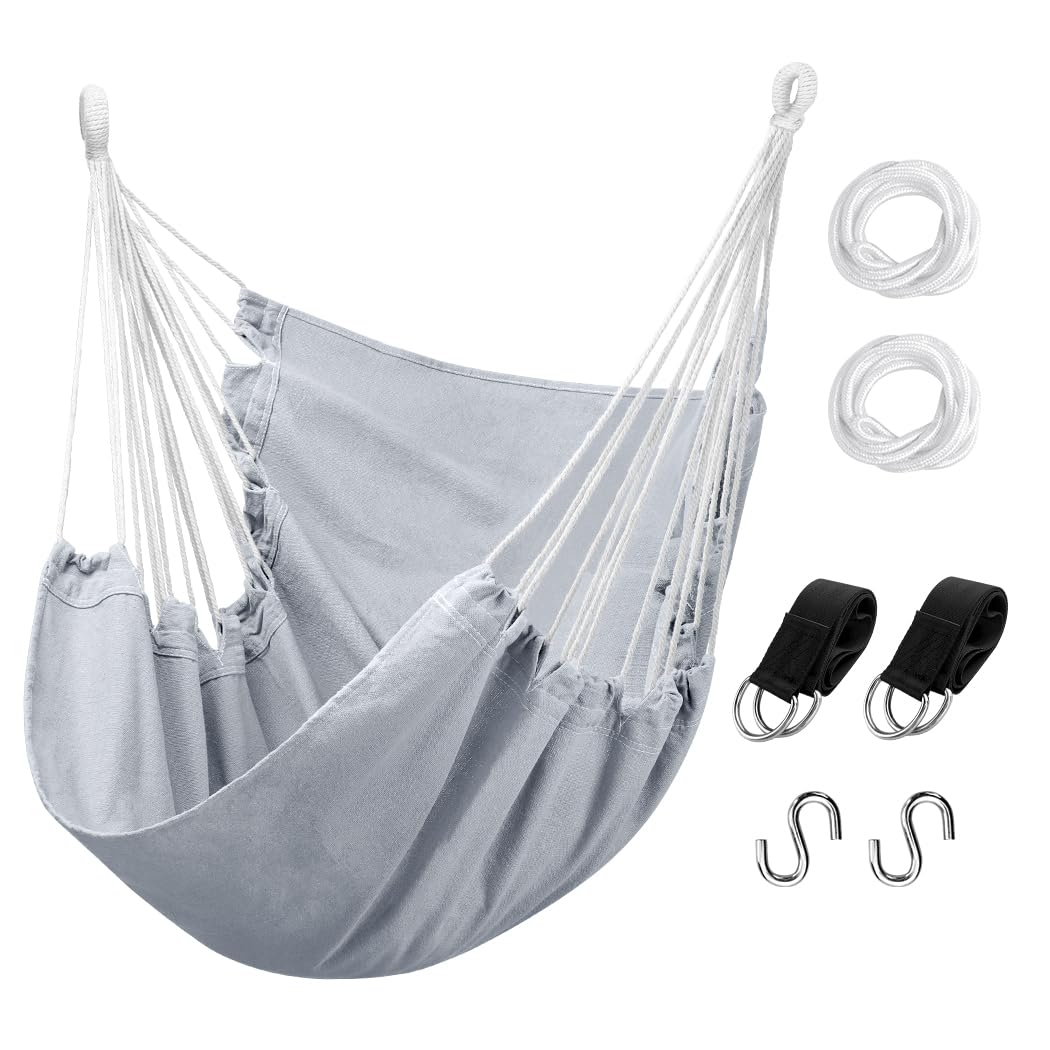 Hommtina Hammock Chair Hanging Rope Swing, Max 300 Lbs Hanging Chair with Pocket & Durability Perfect for Outdoor, Home, Bedroom, Patio, Yard (Pillows NOT Included,Dark Gray)