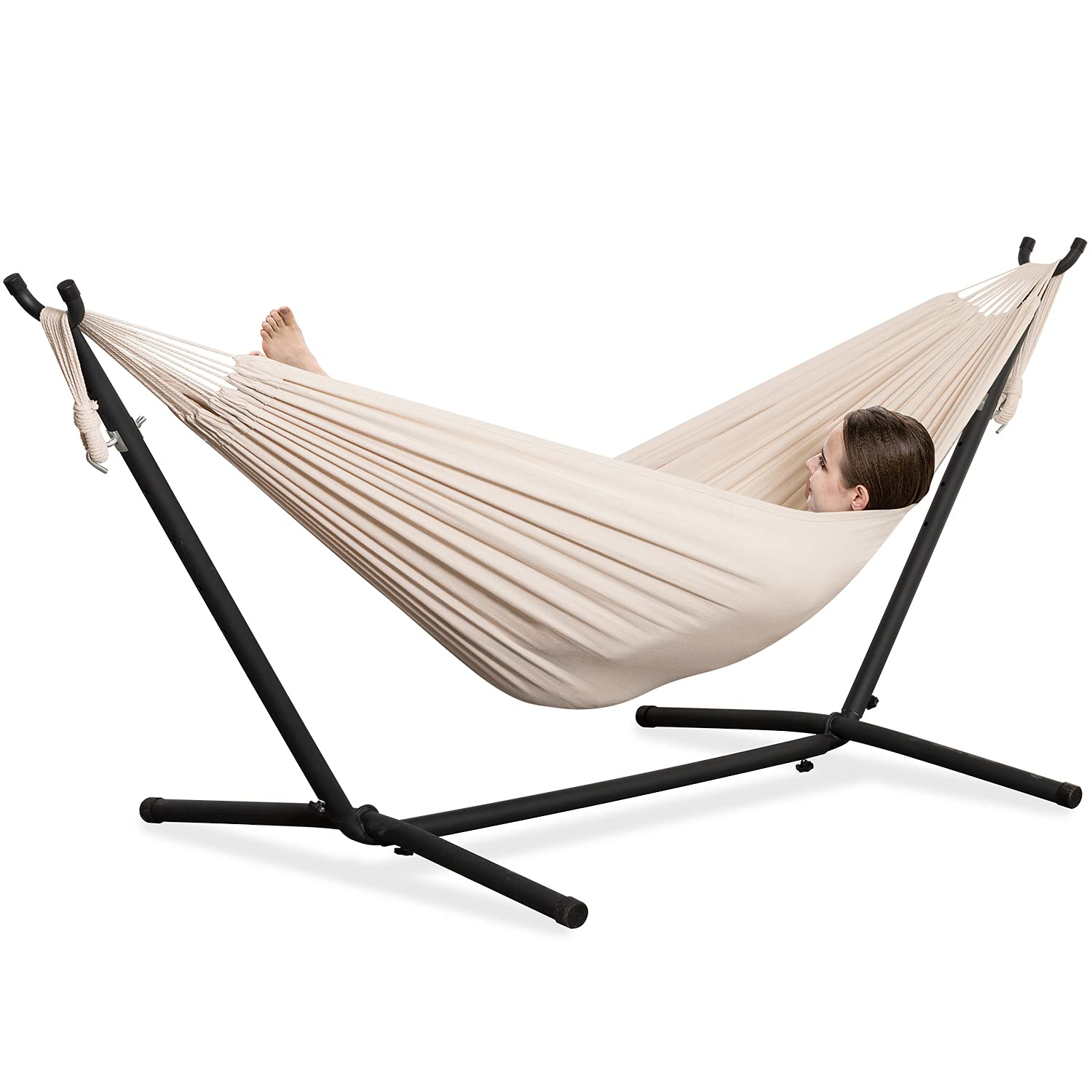 PNAEUT Double Hammocks with Stand for Outside, Portable Space Saving Heavy-Duty Steel Frame for Indoor Outdoor Patio Yard, Easy Assembly, 2 Person 450 lbs Capacity (Coffee)