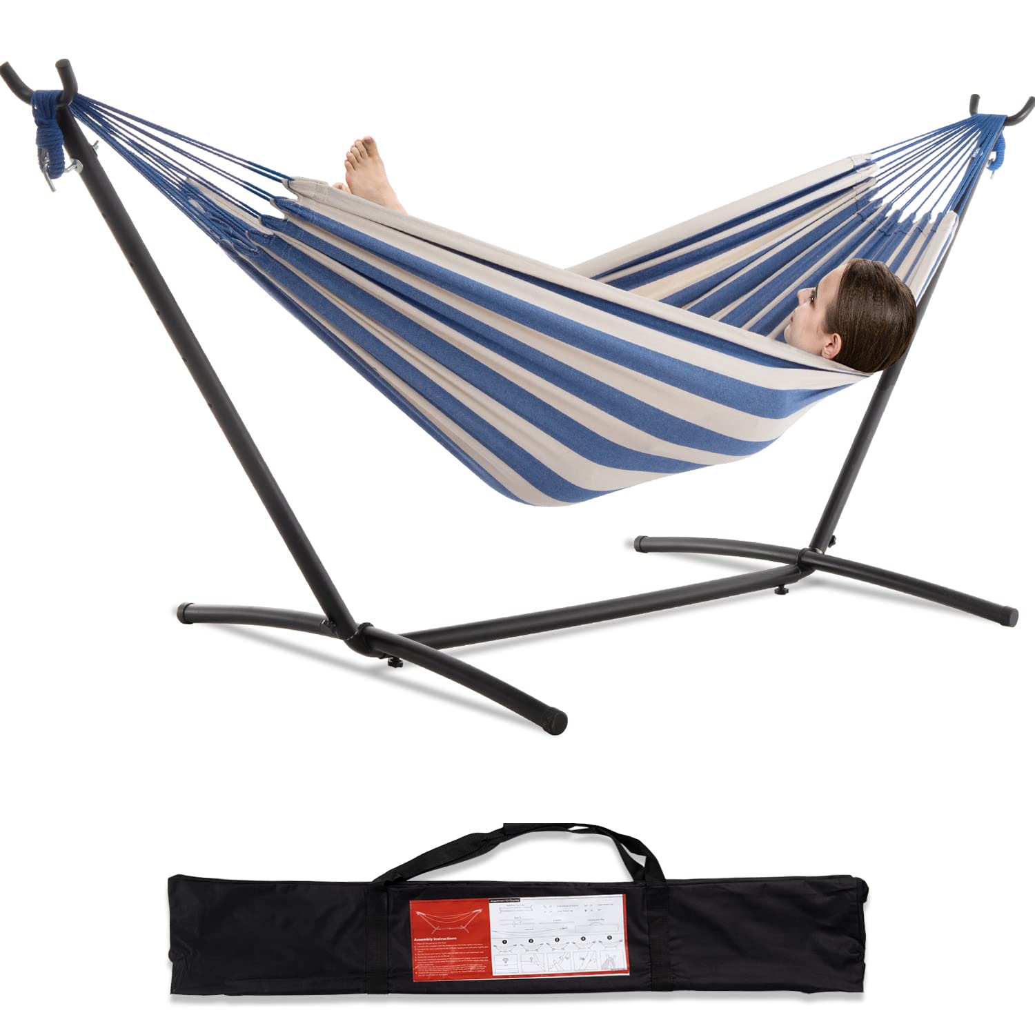 PNAEUT Double Hammocks with Stand for Outside, Portable Space Saving Heavy-Duty Steel Frame for Indoor Outdoor Patio Yard, Easy Assembly, 2 Person 450 lbs Capacity (Coffee)