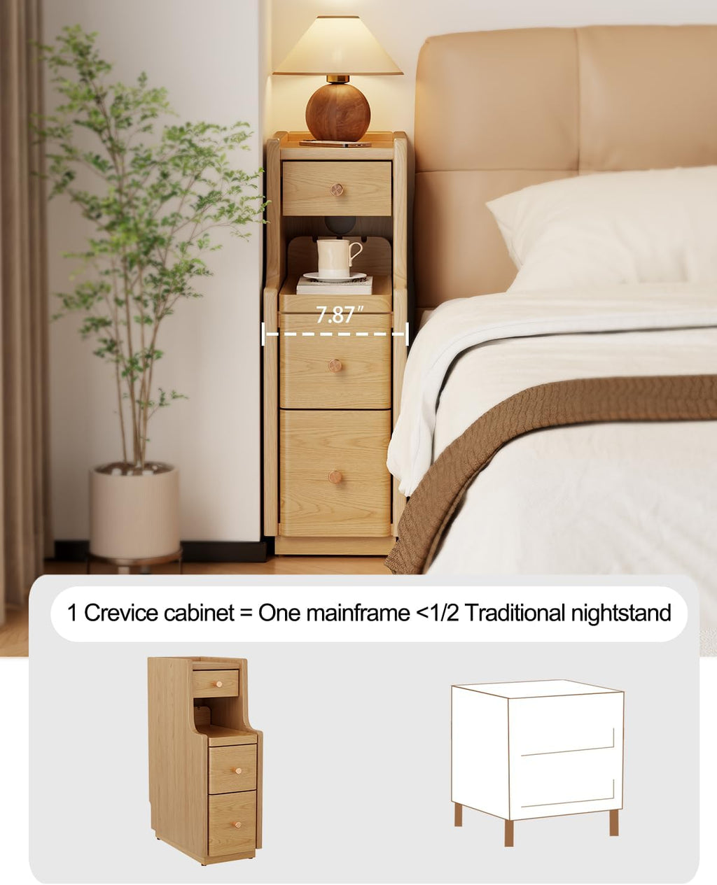 Narrow Nightstand with 3 Drawers,Solid Wood Narrow Bedside Table Natural, Modern Skinny Nightstand for Bedroom(Fully Assembly)