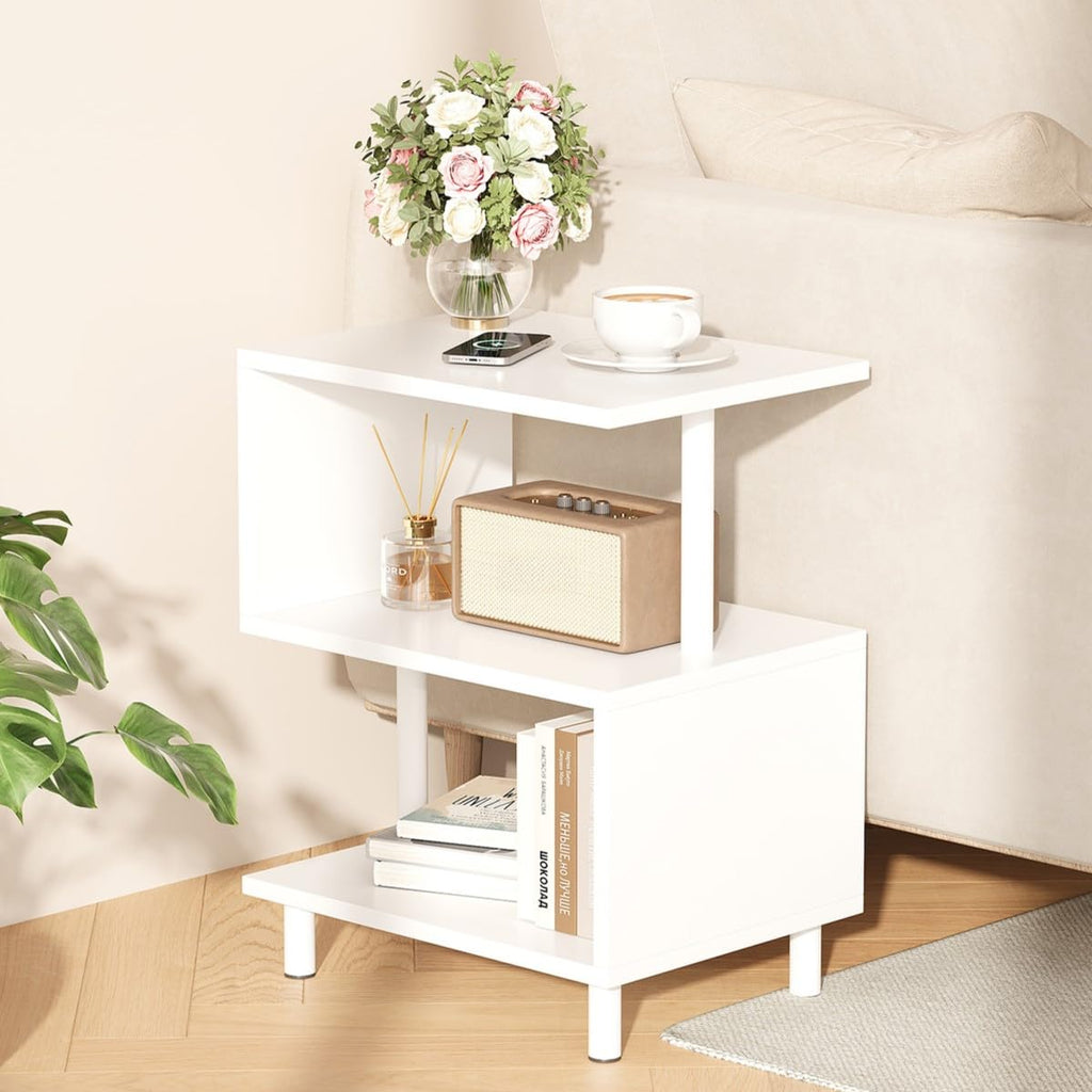 Apicizon S-Shaped Side Table, 3-Tier Nightstand with Solid Wood Legs, Slim Bedside Table with Storage Shelf, Modern End Table for Small Spaces, Bedroom, Living Room, Entryway, Natural