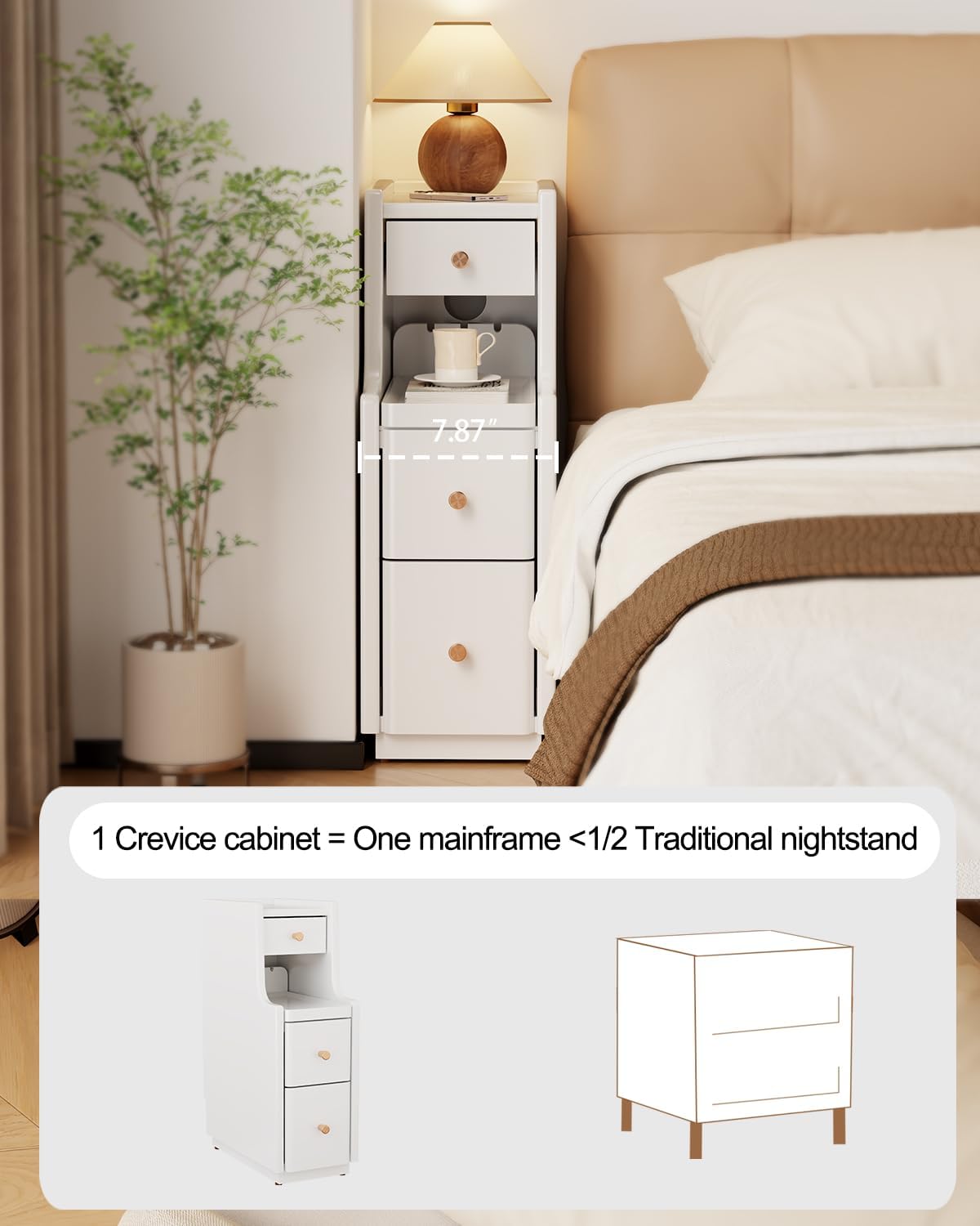 Narrow Nightstand with 3 Drawers,Solid Wood Narrow Bedside Table White, Modern Skinny Nightstand for Bedroom(Fully Assembly)