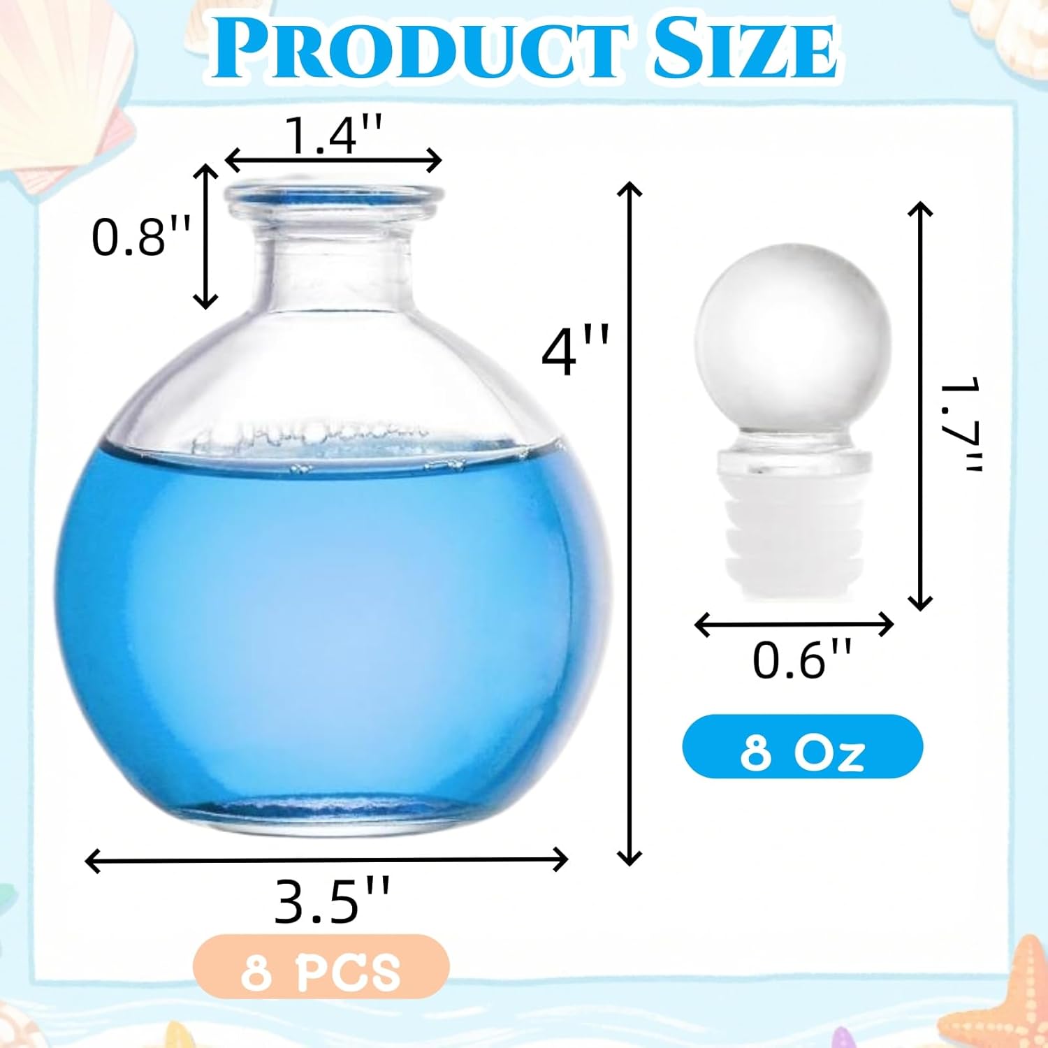 8 Pack Spherical Glass Bottles, 8 Oz Round Bottle with Stopper, Glass Sphere Jar Reusable Refillable Bottles for Sand Costume Props DIY Crafts