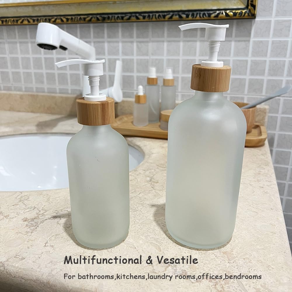 2PCS 500ML/16.6 oz Empty Refillable Frosted Glass Pump Bottles Container Holder Vials Pot Storage with Bamboo Screw Pump Head for Bath Shower Shampoo Hair-Conditioner Cleanser Makeup Liquids
