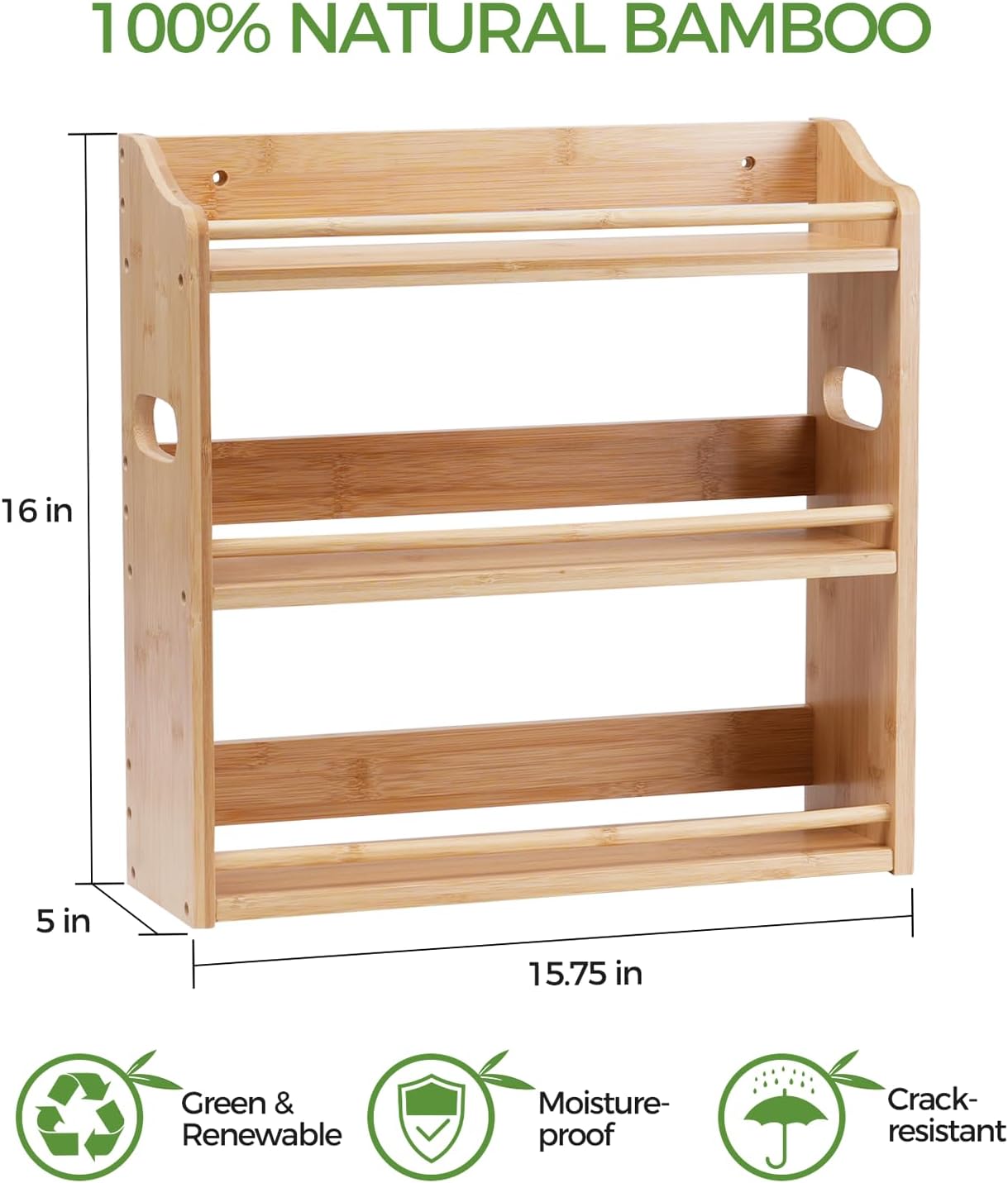 Bamboo Spice Rack Organizer, 3 Tier Spice Storage Rack with Handles, Wood Seasoning Jars Shelf for Kitchen Counter, Pantry or Wall Mounting