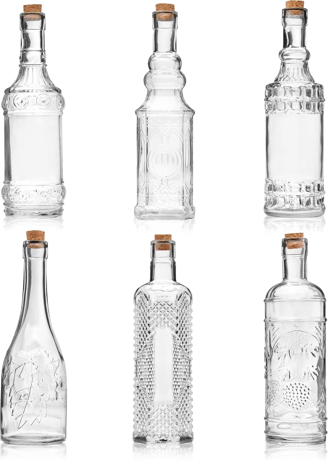 BULK PARADISE Assorted Clear Glass Bottles with Corks, 6 Pack, 2.5in X 9in, 16oz
