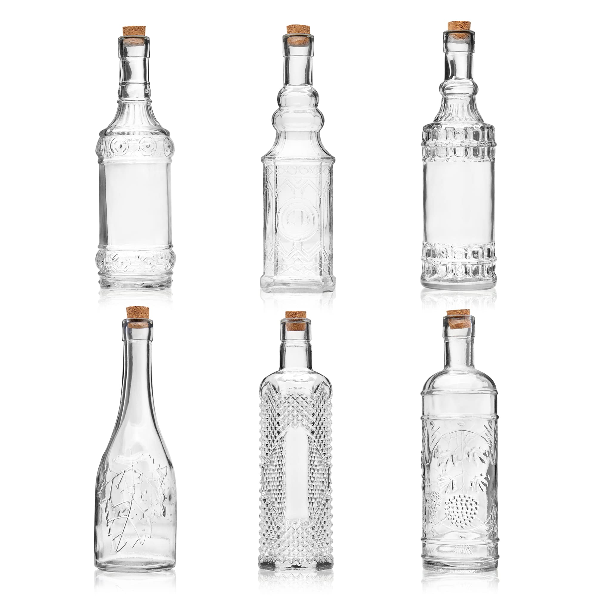BULK PARADISE Assorted Clear Glass Bottles with Corks, 6 Pack, 2.5in X 9in, 16oz