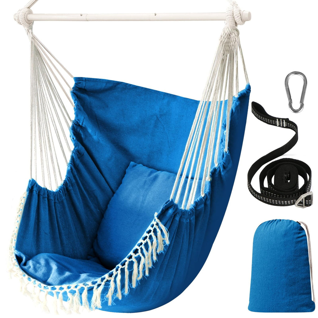 Chihee Hammock Chair Hanging Swing Max 500 Lbs 2 Cushions Included Steel Spreader Bar with Anti-Slip Grooves Portable Hanging Chair Side Pocket Large Macrame Bohemian Chair Indoor Outdoor