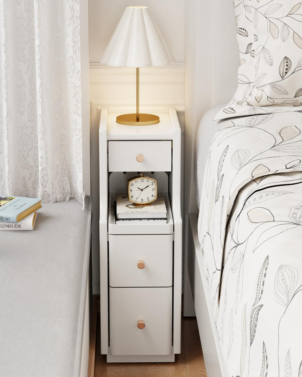 Narrow Nightstand with 3 Drawers,Solid Wood Narrow Bedside Table Walnut, Modern Skinny Nightstand for Bedroom(Fully Assembly)