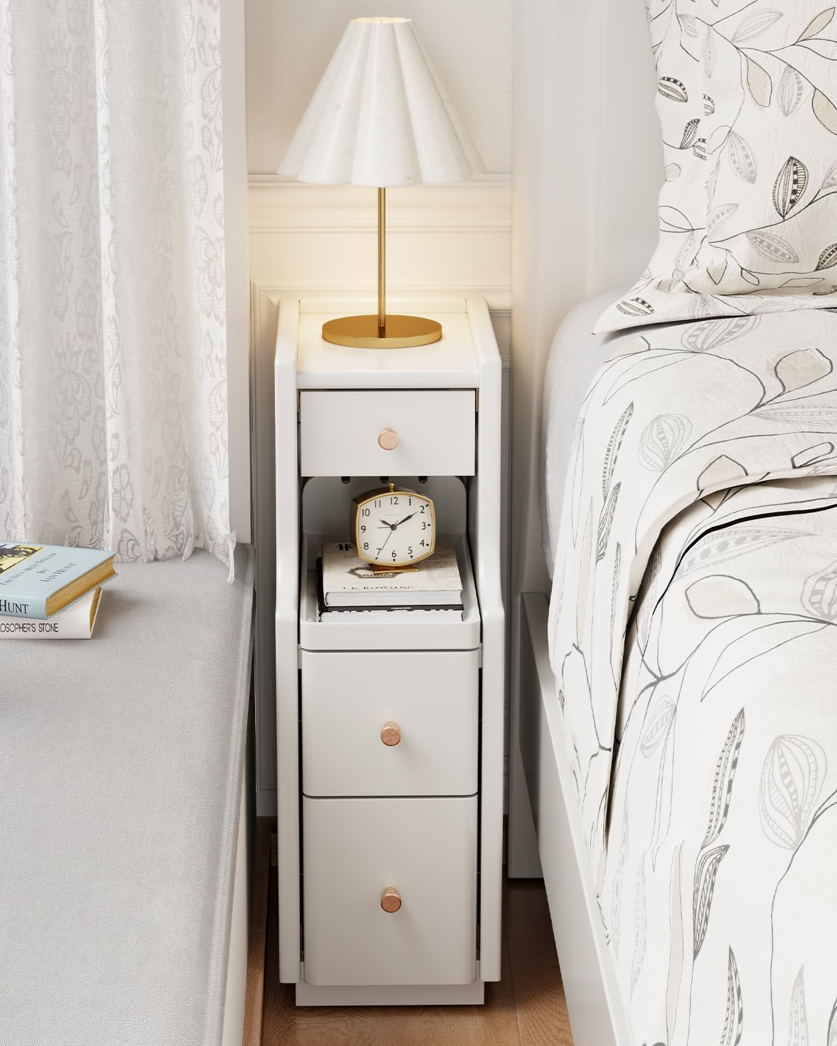 Narrow Nightstand with 3 Drawers,Solid Wood Narrow Bedside Table Walnut, Modern Skinny Nightstand for Bedroom(Fully Assembly)