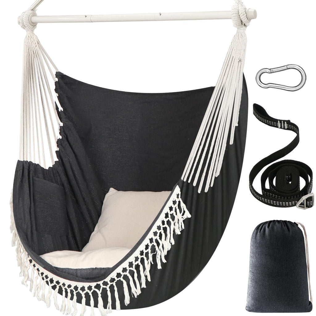Chihee Hammock Chair Hanging Swing Max 500 Lbs 2 Cushions Included Steel Spreader Bar with Anti-Slip Grooves Portable Hanging Chair Side Pocket Large Macrame Bohemian Chair Indoor Outdoor