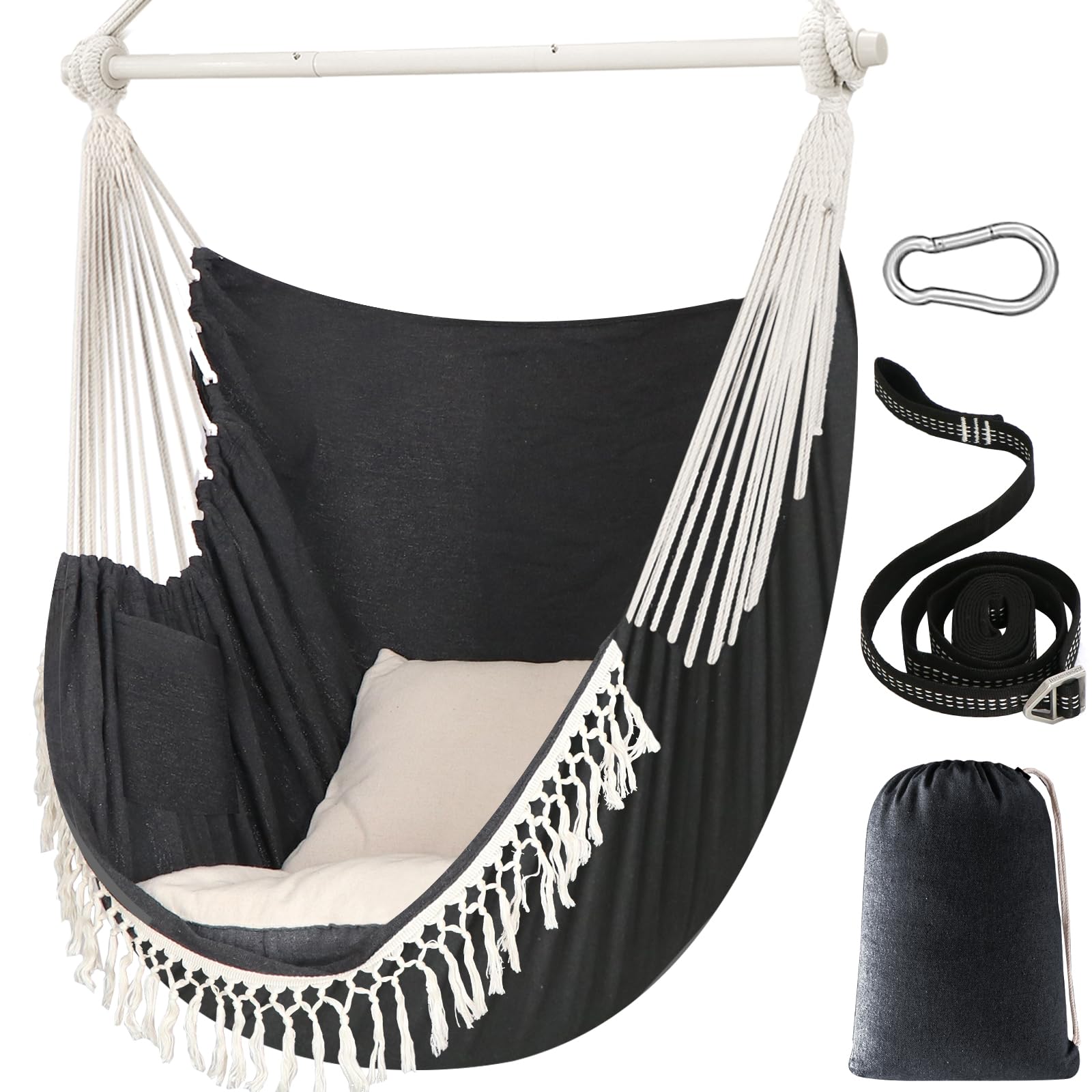 Chihee Hammock Chair Hanging Swing Max 500 Lbs 2 Cushions Included Steel Spreader Bar with Anti-Slip Grooves Portable Hanging Chair Side Pocket Large Macrame Bohemian Chair Indoor Outdoor