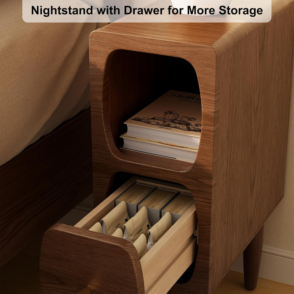 Skinny Nightstand with Drawer, Slim Narrow Bedside Table for Small Spaces, Modern Wood Side Table for Bedroom, Walnut
