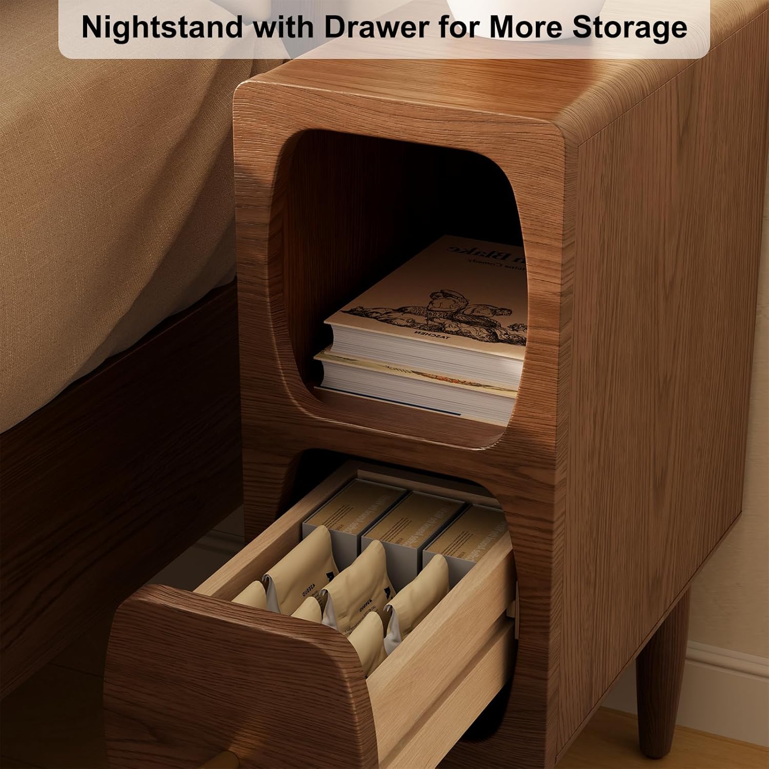 Skinny Nightstand with Drawer, Slim Narrow Bedside Table for Small Spaces, Modern Wood Side Table for Bedroom, Walnut