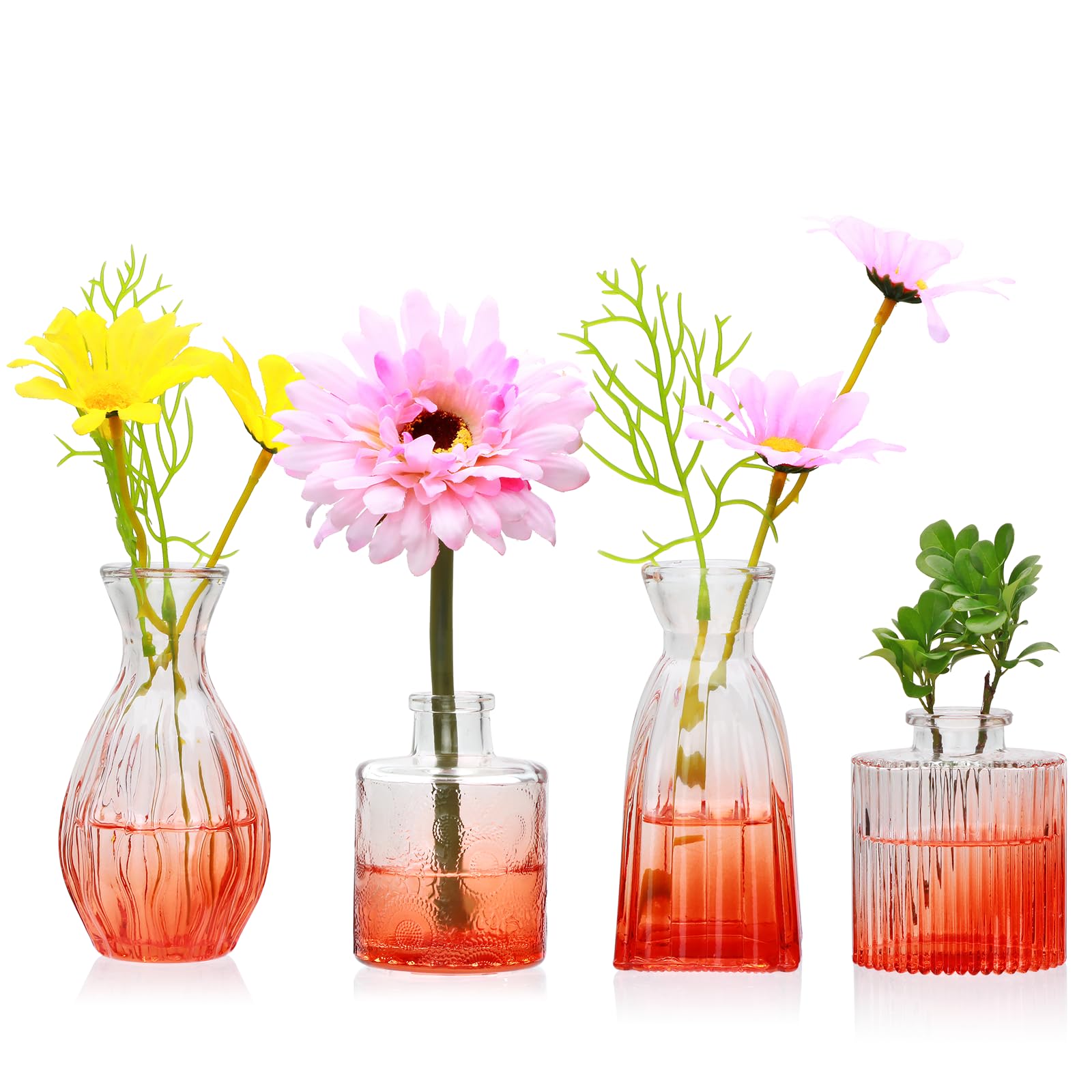 Set of 4 Clear Vintage Embossed Mini Glass Bud Vases Small Flower Vases for Wedding Party Table & Home Decor Flower Arrangements