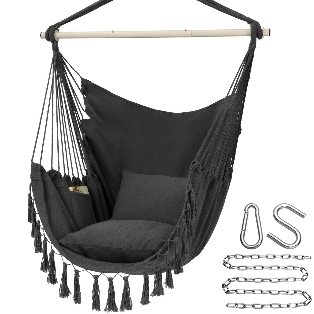 Y- STOP Hammock Chair Hanging Rope Swing, Max 500 Lbs, 2 Cushions Included, Large Macrame Hanging Chair with Pocket for Superior Comfort, with Hardware Kit (Beige)