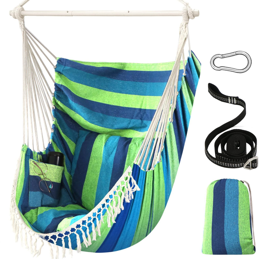 Chihee Hammock Chair Hanging Swing Max 500 Lbs 2 Cushions Included Steel Spreader Bar with Anti-Slip Grooves Portable Hanging Chair Side Pocket Large Macrame Bohemian Chair Indoor Outdoor
