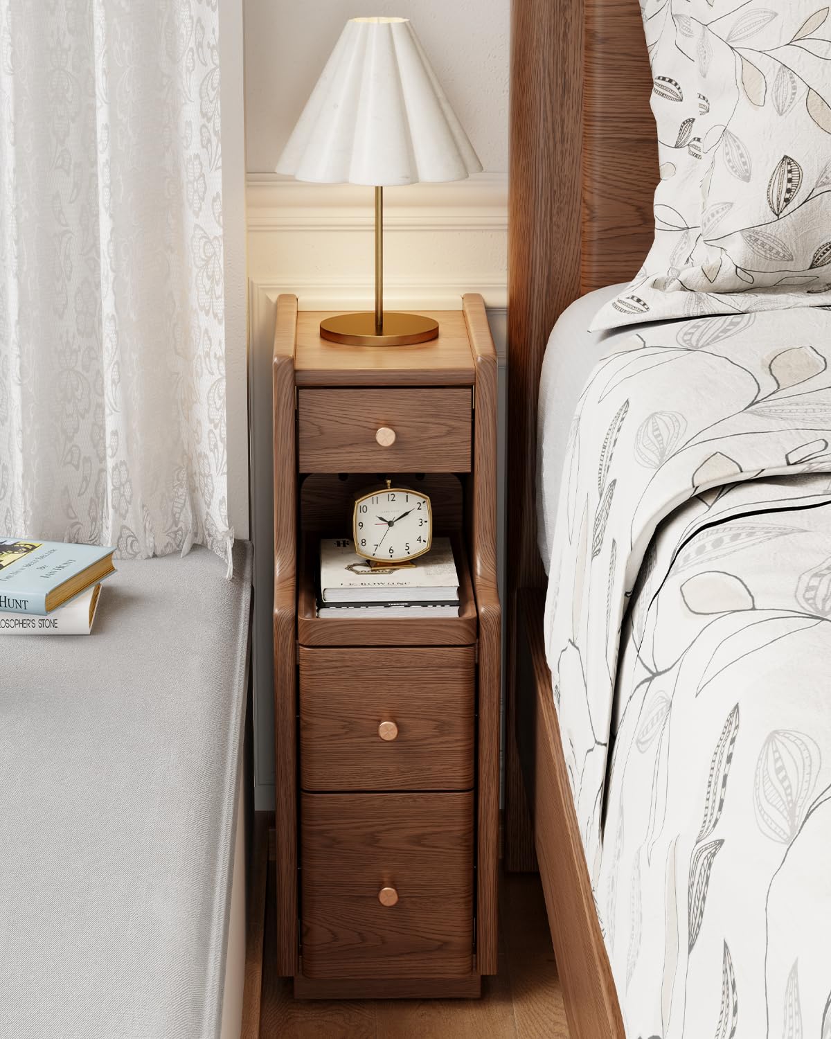 Narrow Nightstand with 3 Drawers,Solid Wood Narrow Bedside Table Walnut, Modern Skinny Nightstand for Bedroom(Fully Assembly)