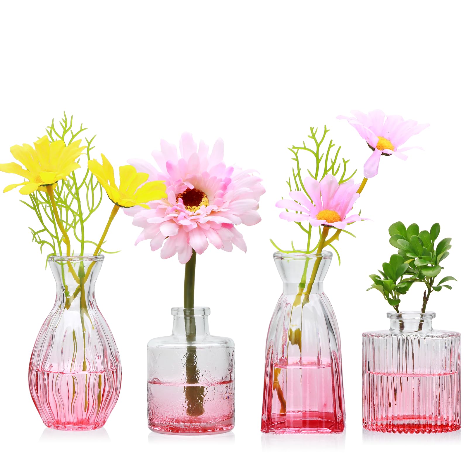 Set of 4 Clear Vintage Embossed Mini Glass Bud Vases Small Flower Vases for Wedding Party Table & Home Decor Flower Arrangements