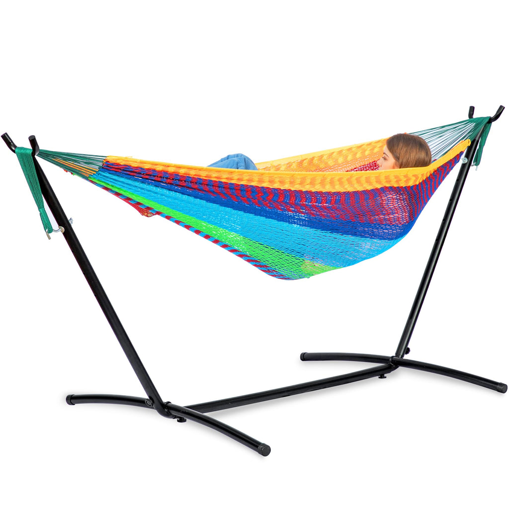 PNAEUT Double Hammocks with Stand for Outside, Portable Space Saving Heavy-Duty Steel Frame for Indoor Outdoor Patio Yard, Easy Assembly, 2 Person 450 lbs Capacity (Coffee)