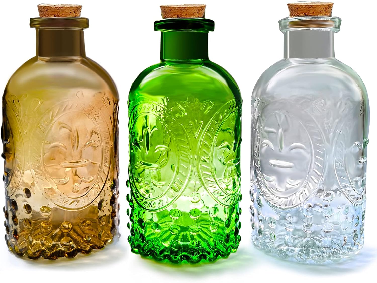 Small Clear Glass Apothecary Diffuser Decorative Bottles Vase Home Decorations Ornaments with Cork Lids ,Spice Container Spell Jars,Wedding Witchcraft Supplies, Set of 3 ,Antique /Vintage Style…