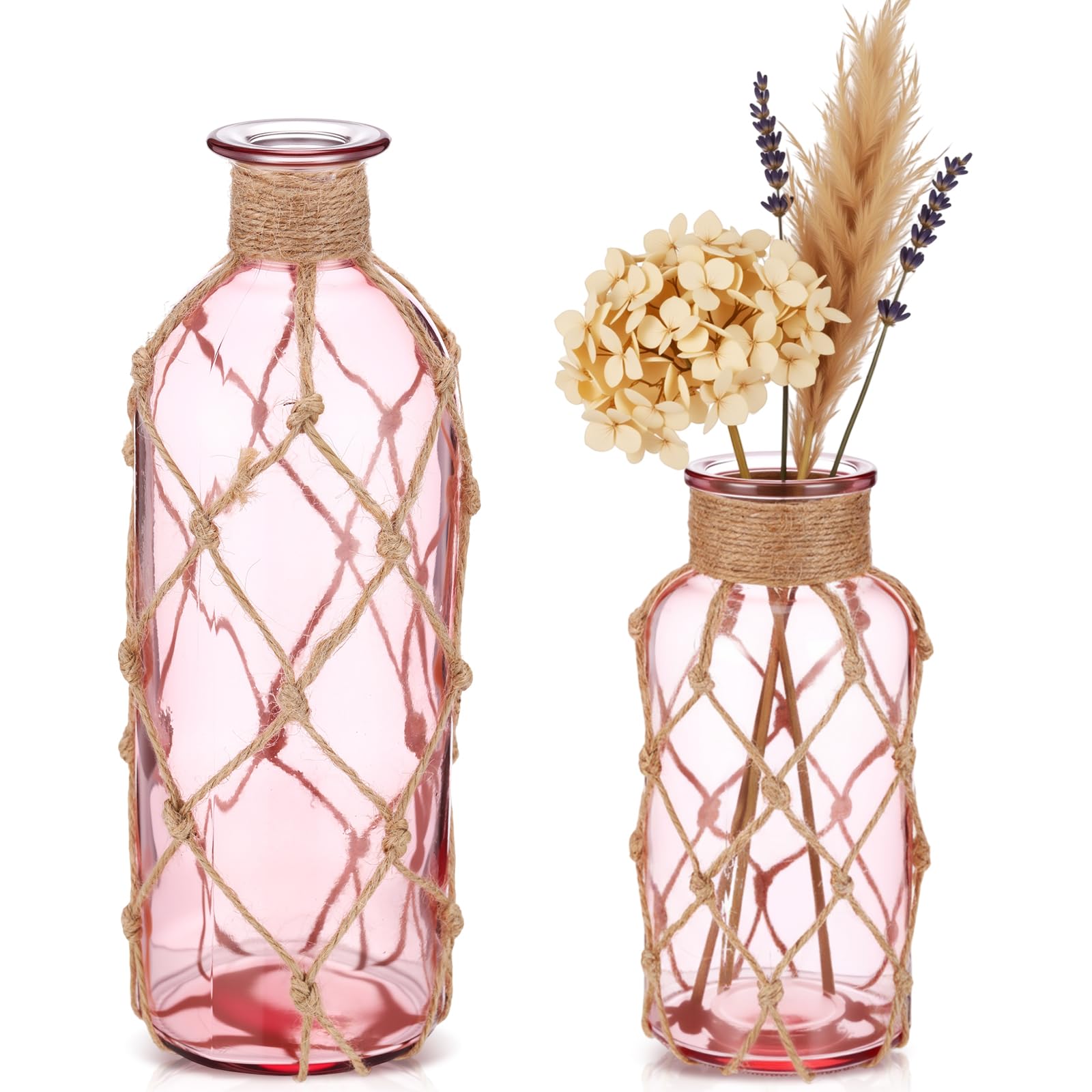 Chuangdi Set of 2 Coastal Glass Vases for Flowers TSITP Flower Vase with Boho Rope Small Sea Glass Jar Nautical Beach Bottle for Wedding Table Centerpieces Floral Arrangement Decor(Green)