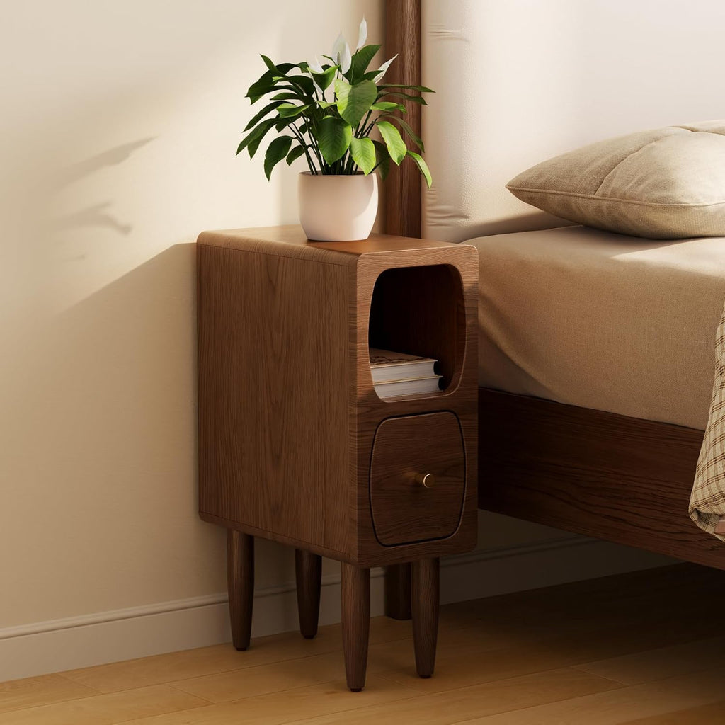 Skinny Nightstand with Drawer, Slim Narrow Bedside Table for Small Spaces, Modern Wood Side Table for Bedroom, Walnut