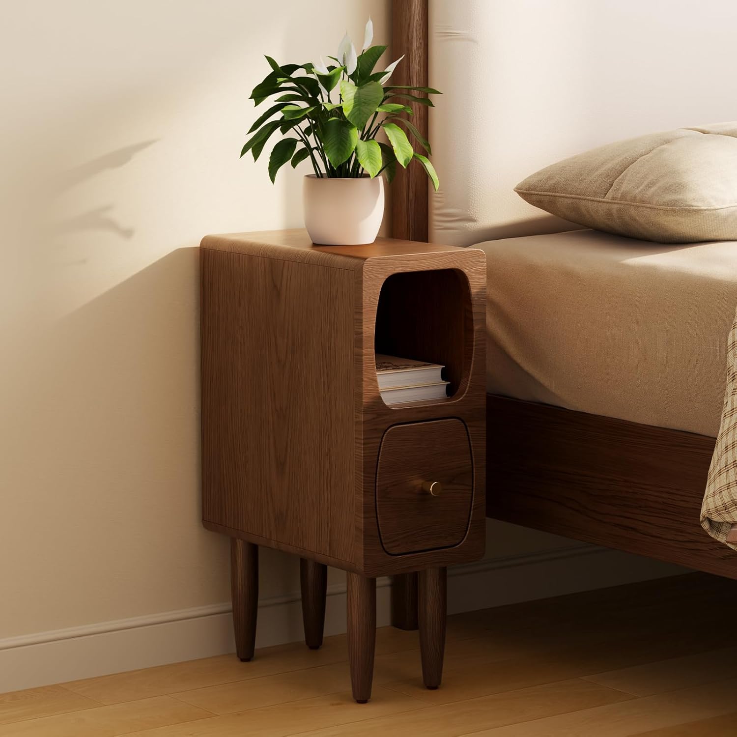 Skinny Nightstand with Drawer, Slim Narrow Bedside Table for Small Spaces, Modern Wood Side Table for Bedroom, Walnut