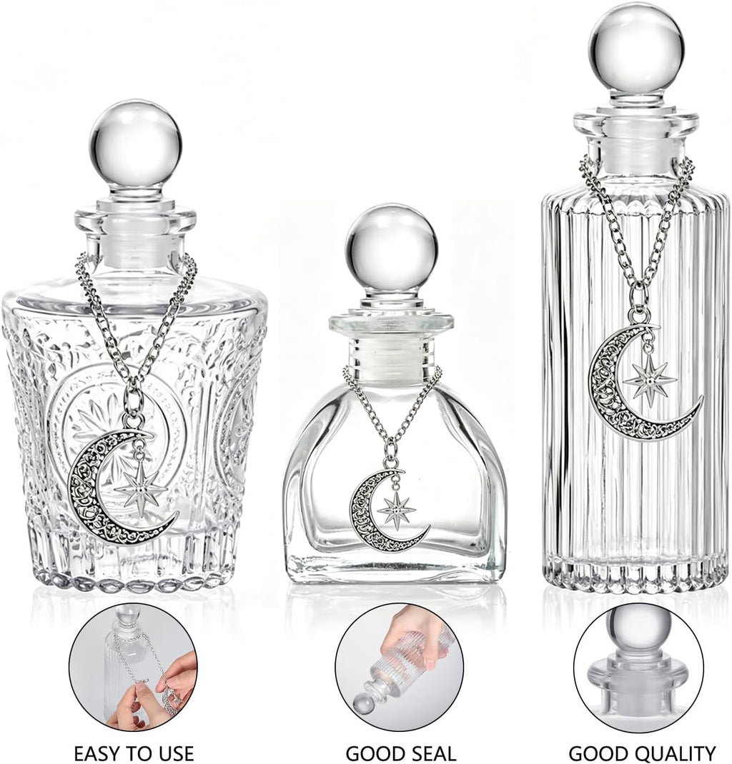 Moon Energy Glass Bottle Set, 3 Pack, with Lunar Star Chain, for Crystal Cleansing, Meditation, Witchcraft, Home Decor (3)