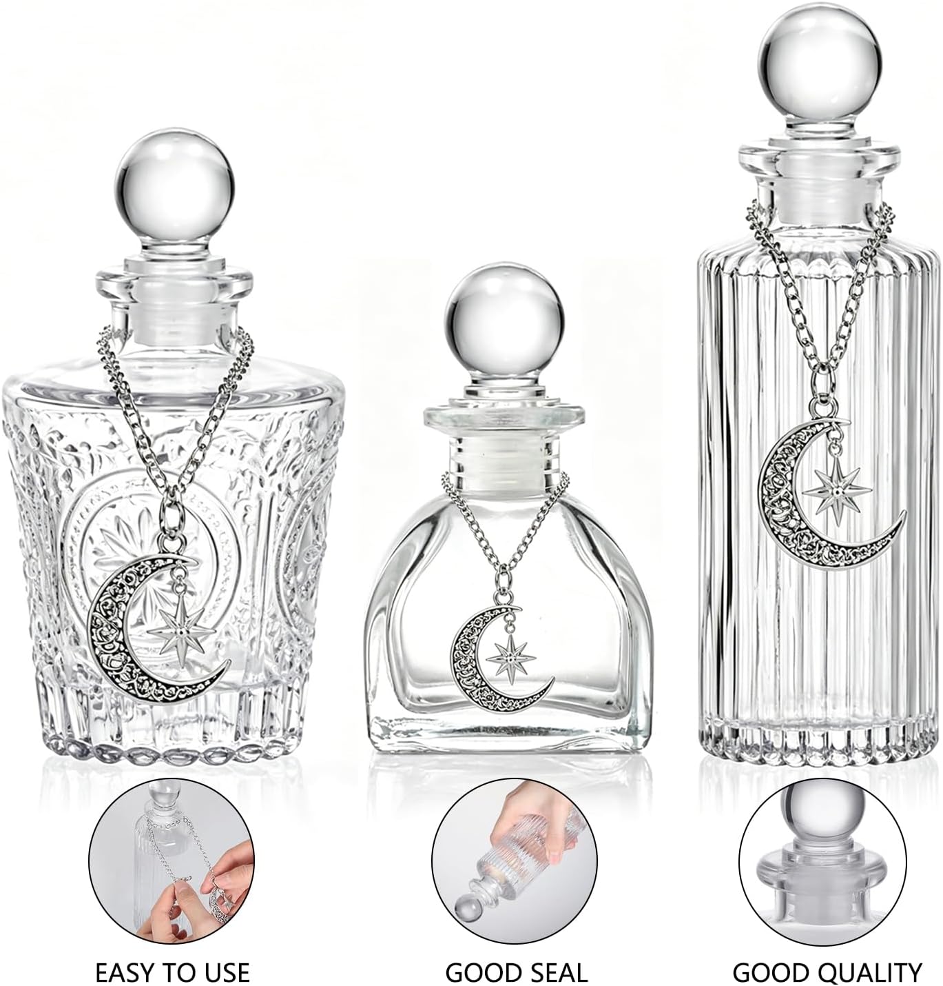 Moon Energy Glass Bottle Set, 3 Pack, with Lunar Star Chain, for Crystal Cleansing, Meditation, Witchcraft, Home Decor (3)