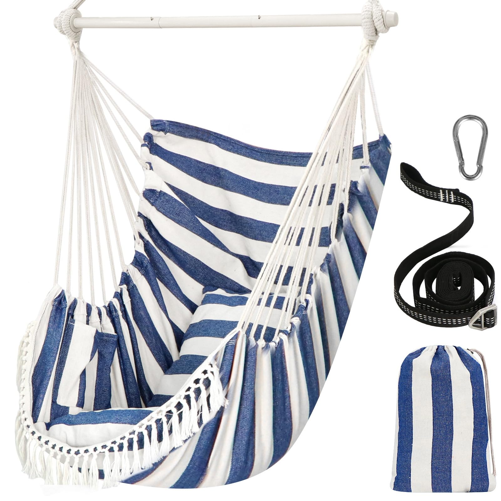 Chihee Hammock Chair Hanging Swing Max 500 Lbs 2 Cushions Included Steel Spreader Bar with Anti-Slip Grooves Portable Hanging Chair Side Pocket Large Macrame Bohemian Chair Indoor Outdoor