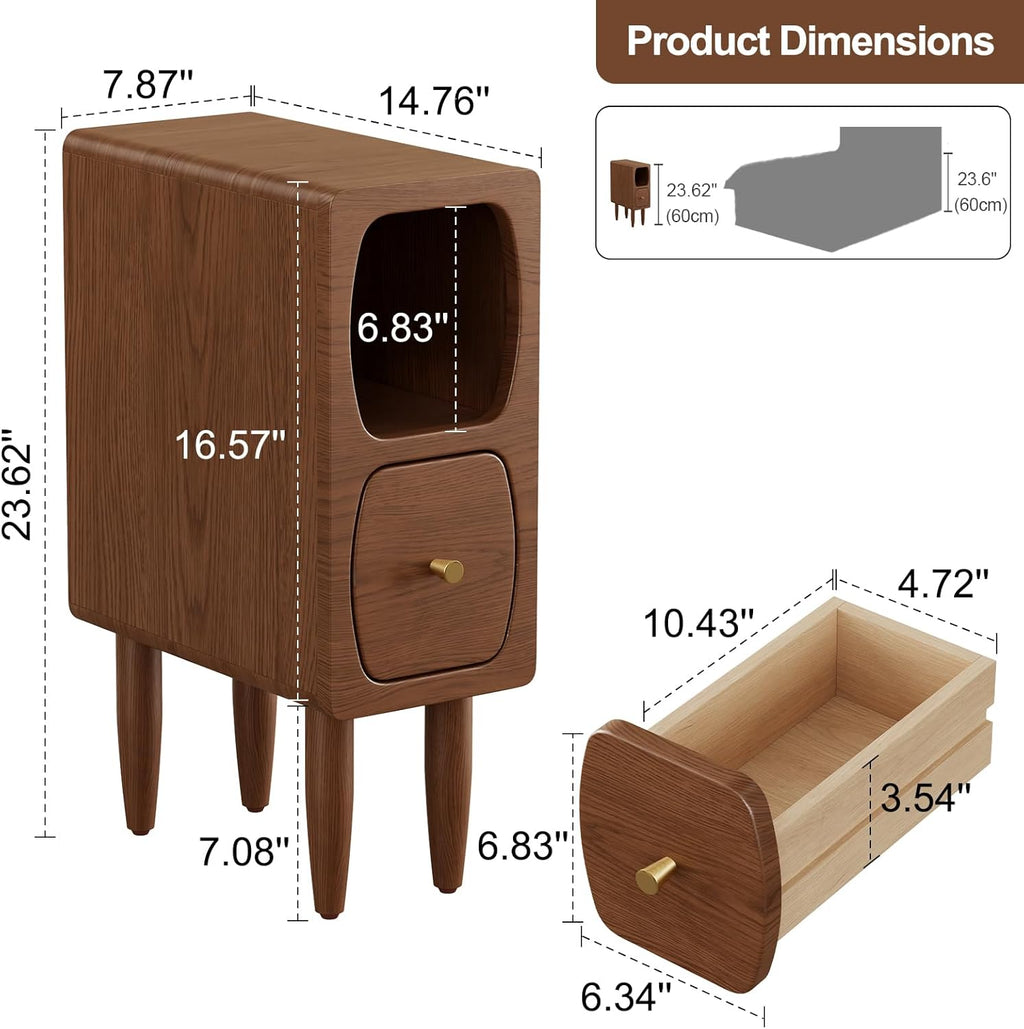 Skinny Nightstand with Drawer, Slim Narrow Bedside Table for Small Spaces, Modern Wood Side Table for Bedroom, Walnut